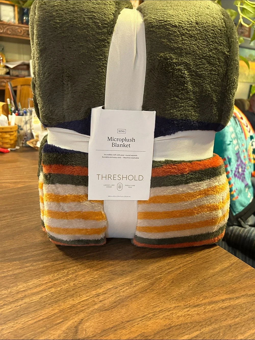 Threshold Microplush Blanket in Olive, Navy, Orange, White, and Gold Stripes